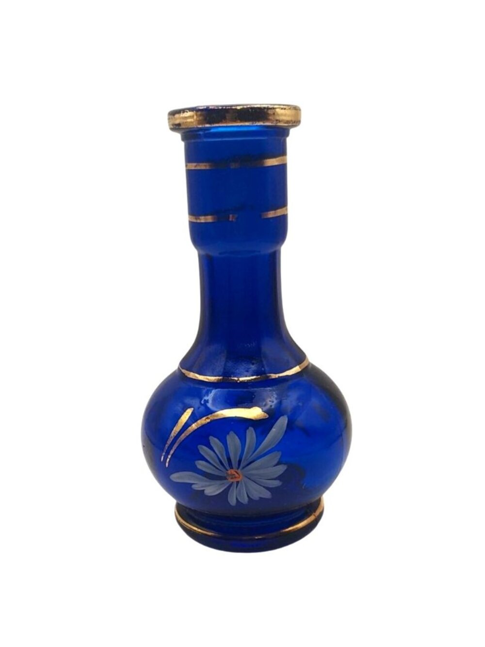 Cobalt Blue Glass Bud Vase Hand Painted Daisy Floral Cottage Shelf Decor Vintage